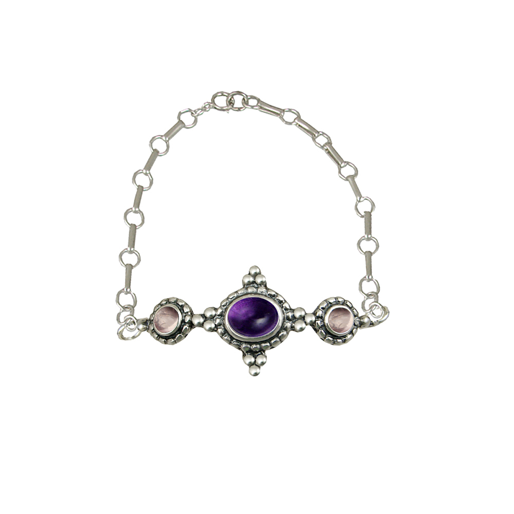 Sterling Silver Gemstone Adjustable Chain Bracelet With Amethyst And Rose Quartz